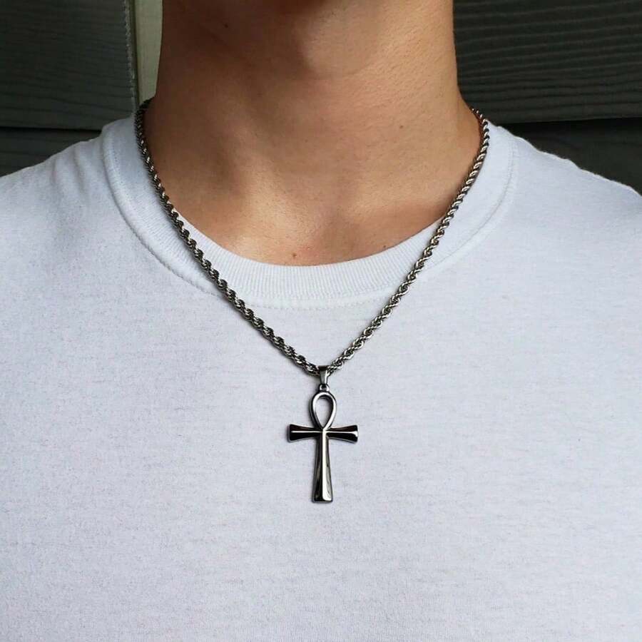 3D Ankh Necklace For Men,Egyptian Key Of Life Pendant Necklace,Twist Chain Ankh Jewelry,Protect Jewelry Gifts - Silver - View 1