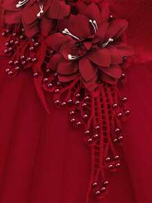 Váy dự tiệc lưới thêu hoa cho bé gái, thích hợp cho tiệc tùng, sinh nhật, không kèm băng đô - Màu Đỏ Sâu - Xem 8