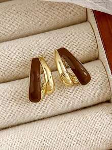 1 Đôi bông tai dáng dài kiểu Pháp cổ điển thanh lịch, hình học, tráng men, thời trang cao cấp, đa năng, phù hợp để đeo hàng ngày và đi nghỉ mát. - vàng + nâu - Xem 3