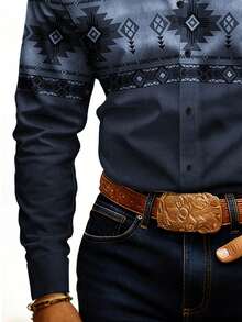 Men's Vintage Western Print Long Sleeve Shirt, Geometric Pattern Casual Collared Single-Breasted Slim Fit Cardigan Shirt - Dark Wash - View 5