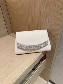 1 件经典褶皱设计缎面正式晚礼服手拿包，适合正式派对、宴会、婚礼、浪漫新娘场合，饰有闪亮水钻，配有链条肩带 - 白色 - 查看 8