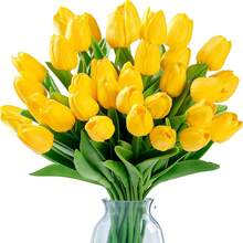 40 Stück künstlicher Tulpen Strauß, Faux Mehrfarbige PU Tulpen, realistische Faux Blumen Anordnung, Heimdekoration, Hochzeitsdekoration, verstellbare Stiele, lebendige Blütenblätter - Gelb - Übersicht 6