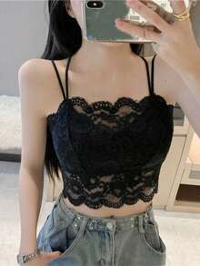 女士保暖内衣上衣，带衬垫文胸，保暖内衬，蕾丝打底衫 - 黑色 - 查看 1