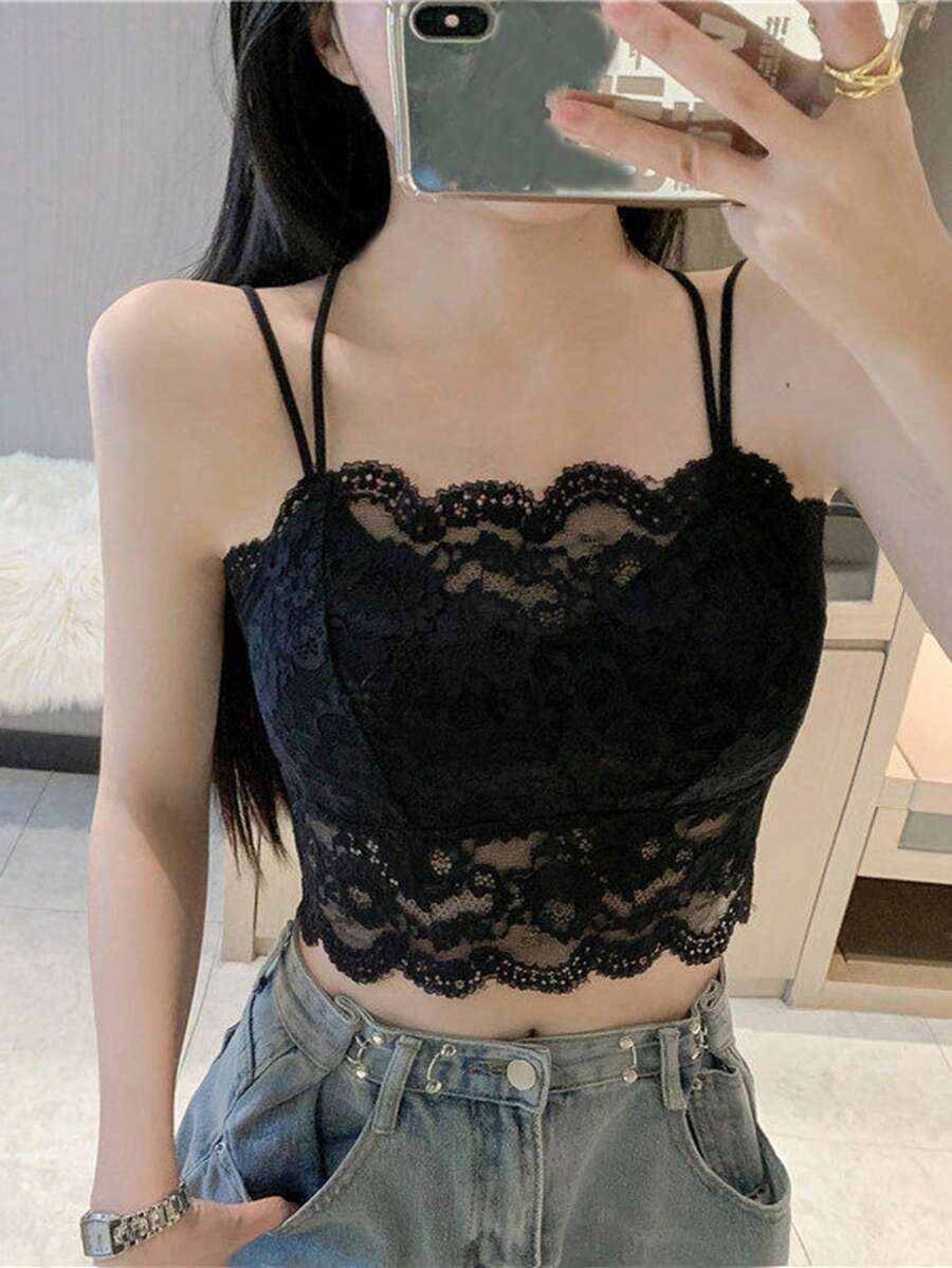 女士保暖内衣上衣，带衬垫文胸，保暖内衬，蕾丝打底衫 - 黑色 - 查看 1