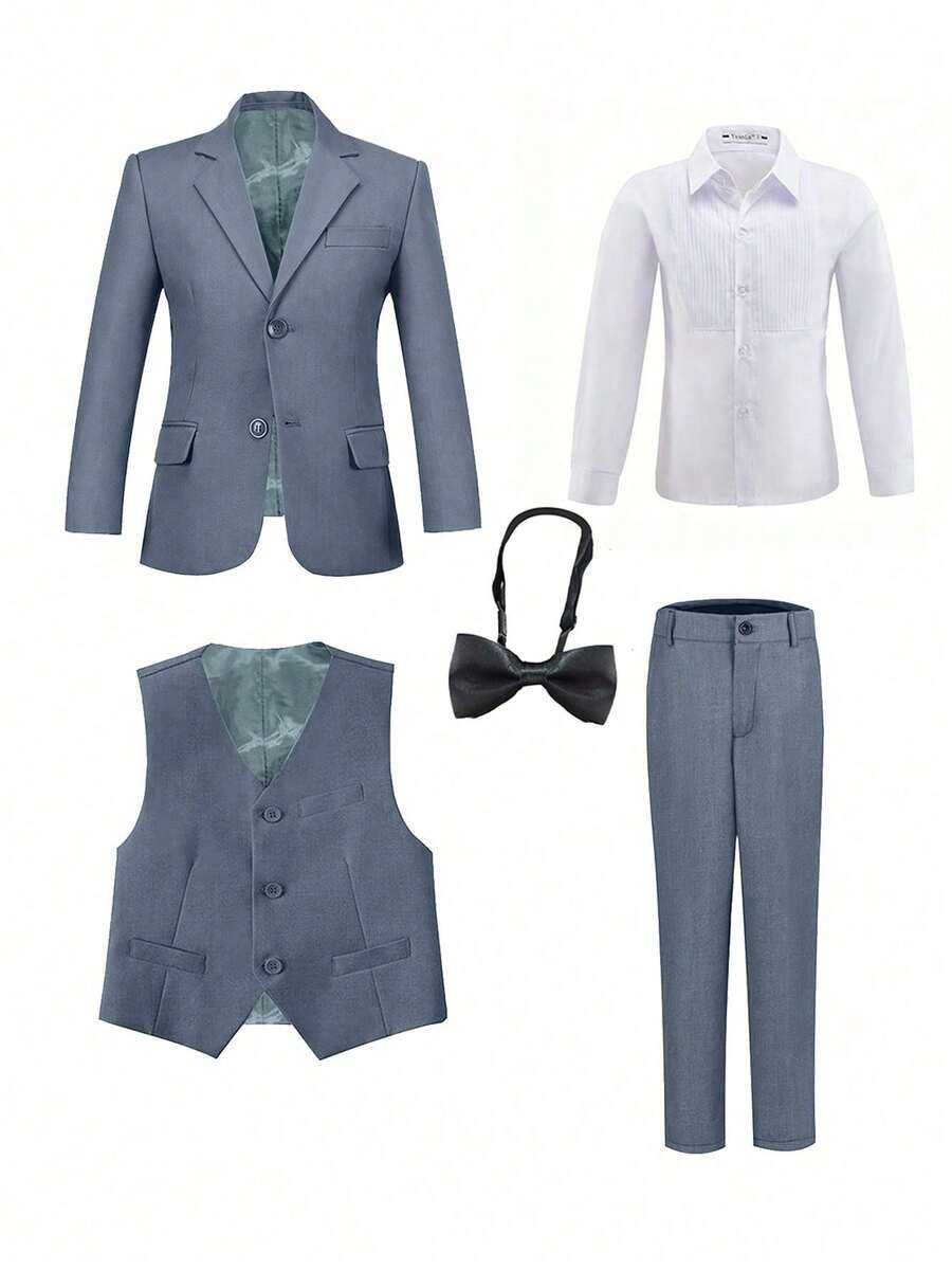 5件套男童西装套装，幼儿正式礼服，花童服，婚礼马甲裤衬衫领带，儿童生日婚礼毕业典礼宾客礼服，牛仔蓝，6-16岁 - 霧霾藍 - 查看 1