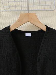 Purechapter 2pcs Girls Splice Contrast Color Jumpsuit With Metal Buckle Decor, Paired With Black Short Sleeve Cardigan, Suitable For Casual, Outdoor Activities - Black - View 3