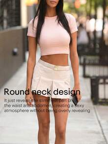 Light Pink Round Neck Fitted Cropped T-Shirt, Sexy Style For Daily Wear, Tight Fitting Top - Pink - View 3