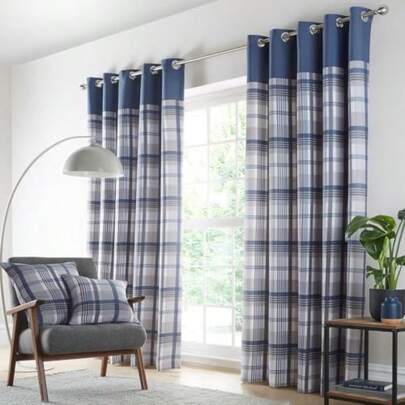 HOMEMAKER BEDDING Curtains Blue Grey Eyelet Ring Top Lined Tartan Check Pair 46 X 54 (117x137cm )