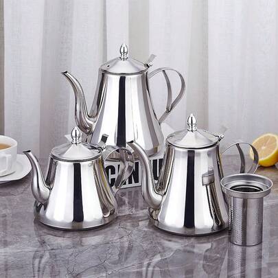 1 roestvrijstalen theepot met verwijderbaar filter, koffiepot, duurzaam en gemakkelijk schoon te maken, geschikt voor inductiekookplaten en gasfornuizen, ideaal voor thuis, restaurants en buiten voor het zetten van thee, koffie en melkthee.