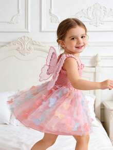 1pc Cute & Elegant Princess Butterfly Embroidered Mesh Tulle Decor Colorful Puff Strap Dress, Suitable For Baby Girls, Birthday Party, Beach Holiday, All Seasons - Pink - View 4