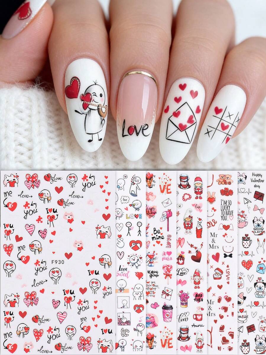 6 miếng dán móng tay 3D hình trái tim và chữ cái hoạt hình dễ thương màu đỏ chủ đề Ngày Valentine, tự dính, thích hợp cho việc tự làm móng tại nhà và thiết kế móng tại salon. - Nhiều màu - Xem 1