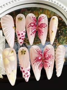 10片装奢华手工3D立体花卉美甲贴纸，3D波浪珍珠法式美甲贴片，女士日常佩戴假指甲，手工按压式美甲 - 中紫紅色 - 查看 3