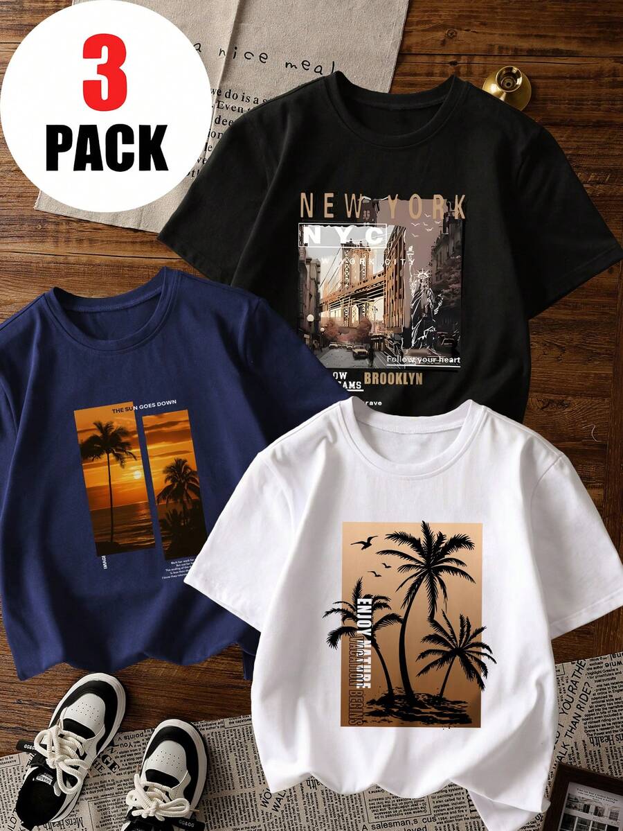 3件装男童休闲印花圆领短袖T恤，夏季学生青少年服装 - 日落棕榈树印花T恤为每个孩子带来欢乐和幸福！ - 藏蓝色 - 查看 1