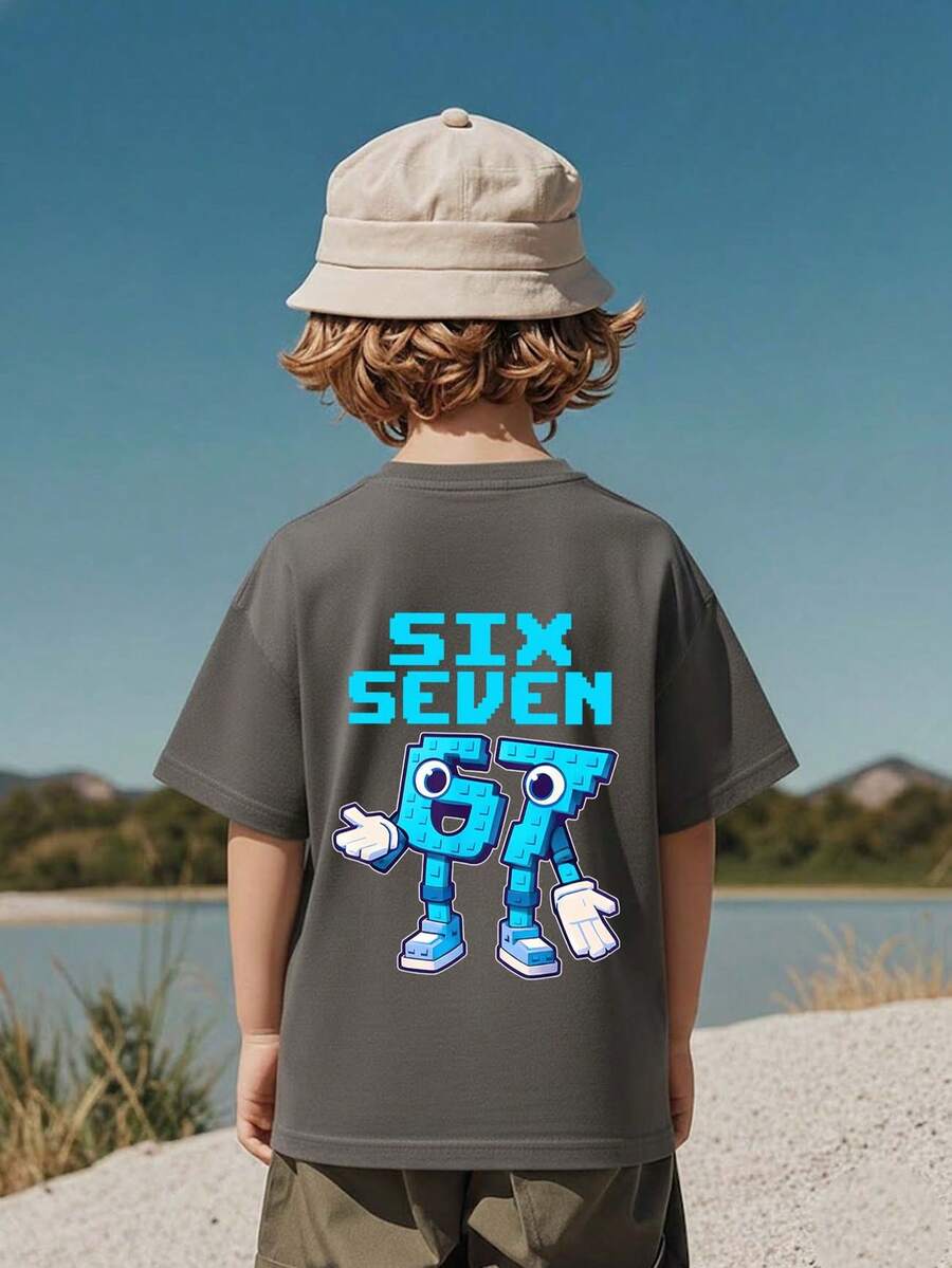 Young Boy Casual Graphic Print Crew Neck Short Sleeve T-Shirt, Summer Top