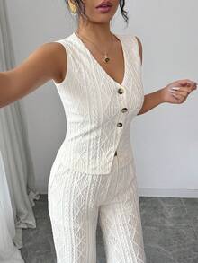 Women's Apricot New V-Neck Sleeveless Jacquard Top + High Waist Jacquard Hollow Wide Leg Pants Set, Elegant Fashion, Versatile, Bohemian, Suitable For Daily And Office Wear, Spring/Summer - Apricot - View 3