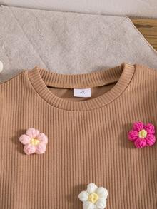 2件套女童休闲碎花圆领长袖卫衣长裤套装，春秋季 - 卡其色 - 查看 3