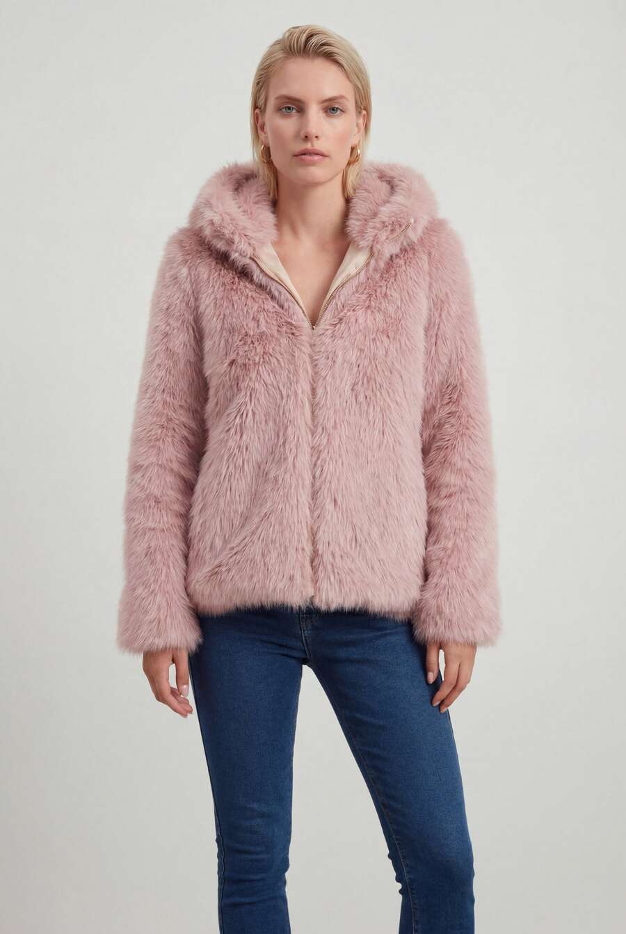 Short Powder Pink Faux Fur Jacket With Hood