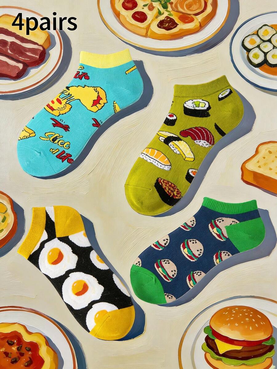 4 Paar unisex Lebensmittel-Themen Bootsocken - Multi-Stil Design (Brathähnchen/Sushi/Ei/Burger Muster), leckere Neuheitssocken für den täglichen Lässig-Tragen, ideales Geschenk für Essensliebhaber, ganzjährig modische Lässig-Socken - Verschiedenfarbig - Übersicht 1