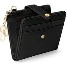 新款热销女士超薄钱包，对折PU皮革卡包，带钥匙链和拉链袋 - 黑色 - 查看 2