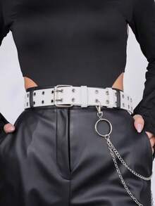 女士朋克风白色装饰腰带，多功能独特高端设计链条牛仔腰带，带孔眼 - A - 查看 7
