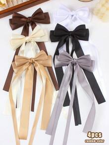 4pcs Random Beige & Coffee Color Satin Bow Ribbon Hair Clips, Solid Color Large Barrettes, Cute Girl Princess Hair Accessories For Daily Wear & Party - Multicolor - View 11