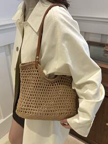 Elegant One Shoulder Beach Vacation Bag, Women's Woven Large Capacity New Straw Tote Bag For Commuting - Multicolor - View 5