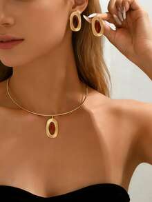 Set de 3 piezas de joyería bohemia vintage con colgante geométrico de resina, conjunto de collar y aretes minimalista elegante con degradado ovalado, adecuado para mujer en uso diario, citas, playa, vacaciones, fiestas, bodas - Marrón - Ver 1