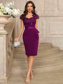 MIUSOL Sequin Lace Sweetheart Neck Ruffle Hem Cocktail Party Bodycon Dress Wedding Spring - Maroon - View 10