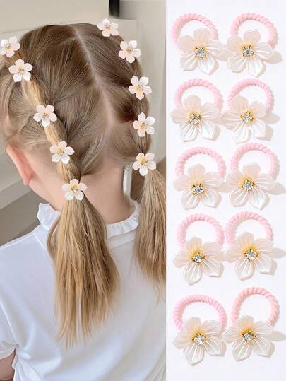 10pcs/Set Multicolor Cute Hair Scrunchies With Sequins And Faux Crystal Flower Decor, Sweet & Simple Hair Ties, Suitable Gift For Girls, Can Be Used For Daily Hairstyles