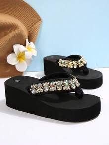 New Summer Women Beach Slippers, Simple Flip Flops, Casual Fashion Classic Thick Sole Mid-High Heel Sandals - Black - View 4