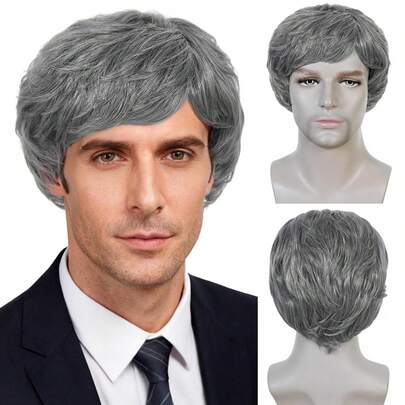 شعر رمادي قصير للرجال، شعر رمادي قصير للرجال، شعر رجالي قصير أنيق، باروكة رجالية قصيرة للاستخدام اليومي، باروكة رجالية صناعية بأسلوب رجل دانديز مضحك لحفلات الهالوين وعيد الميلاد