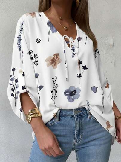 ChicMe Womens Watercolor Floral Print V Neck Roll Up Sleeve Tie Front Blouse Casual Loose Fit Top Daily Street Business Wear