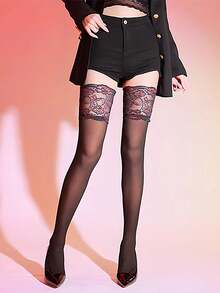 1/2 Pairs Women's Thigh High Socks, Floral Lace Patchwork Black Stockings, Suitable For Summer - Multicolor - View 7