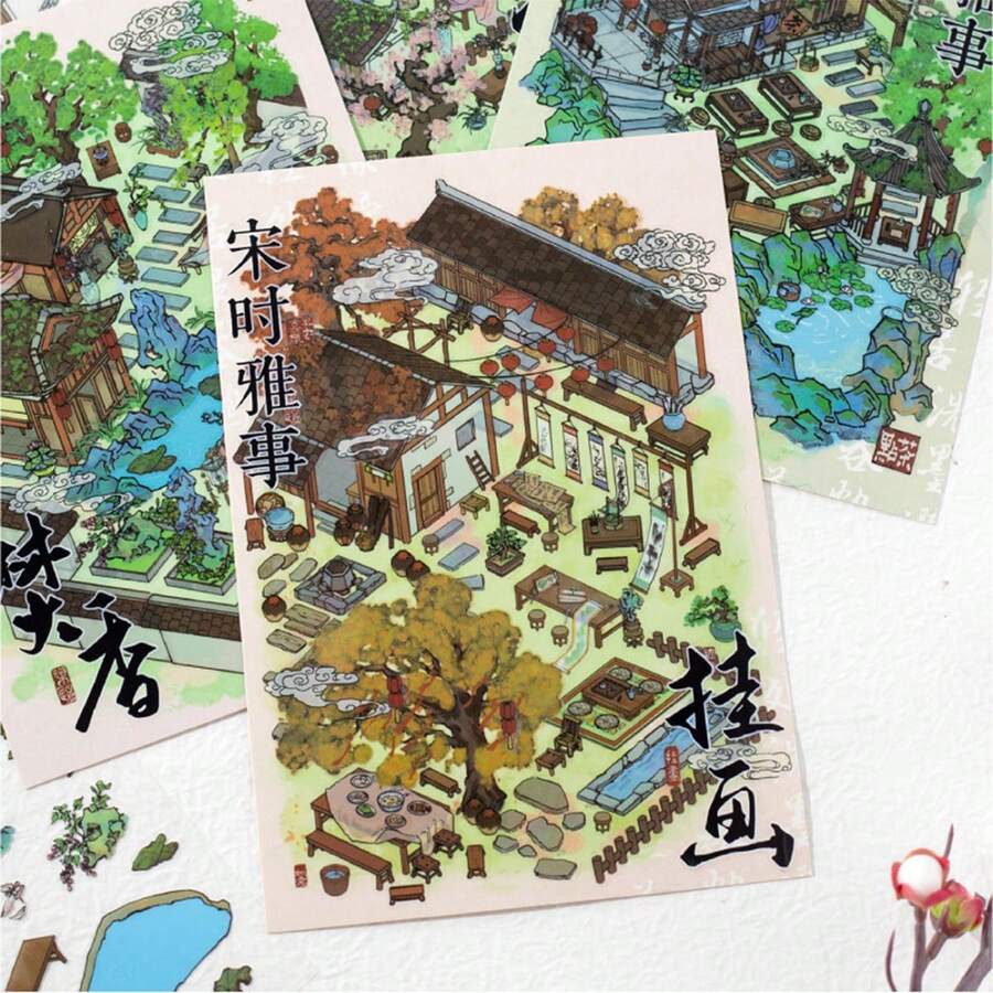 1 Set Yashi Chinese Style Scenery Stickers, Fun Handmade 3D Hut Decals For Journal DIY - Multicolor - View 1