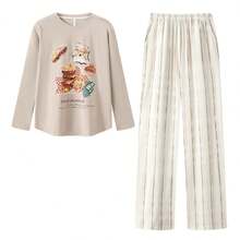 2pcs/Set Women's Cotton Long Sleeve Pajamas, Puppy Print, Soft & Breathable Sleepwear Set, Spring/Autumn - Apricot - View 9