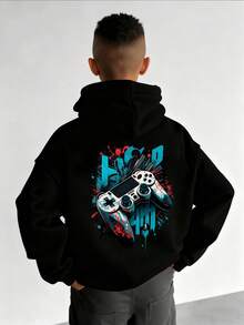 1pc Teen Boys Casual Printed Pullover Sweatshirt, Warm Lining, Long Sleeve, Autumn/Winter - Black - View 1