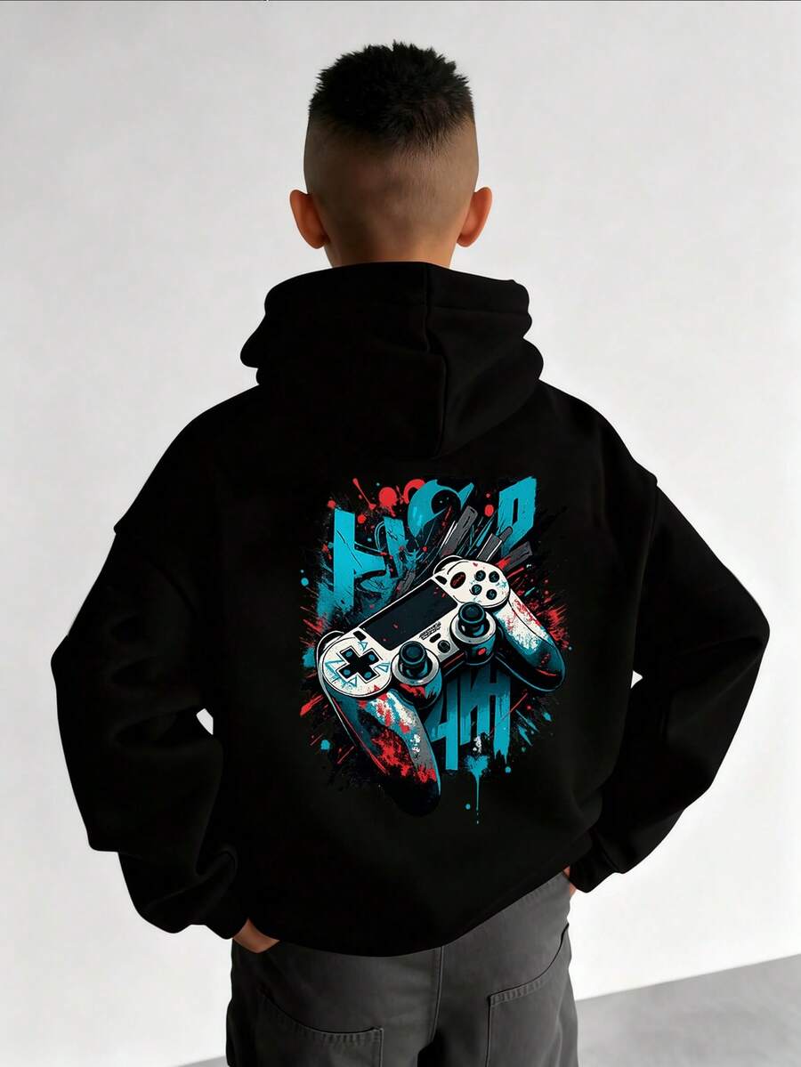 1pc Teen Boys Casual Printed Pullover Sweatshirt, Warm Lining, Long Sleeve, Autumn/Winter - Black - View 1