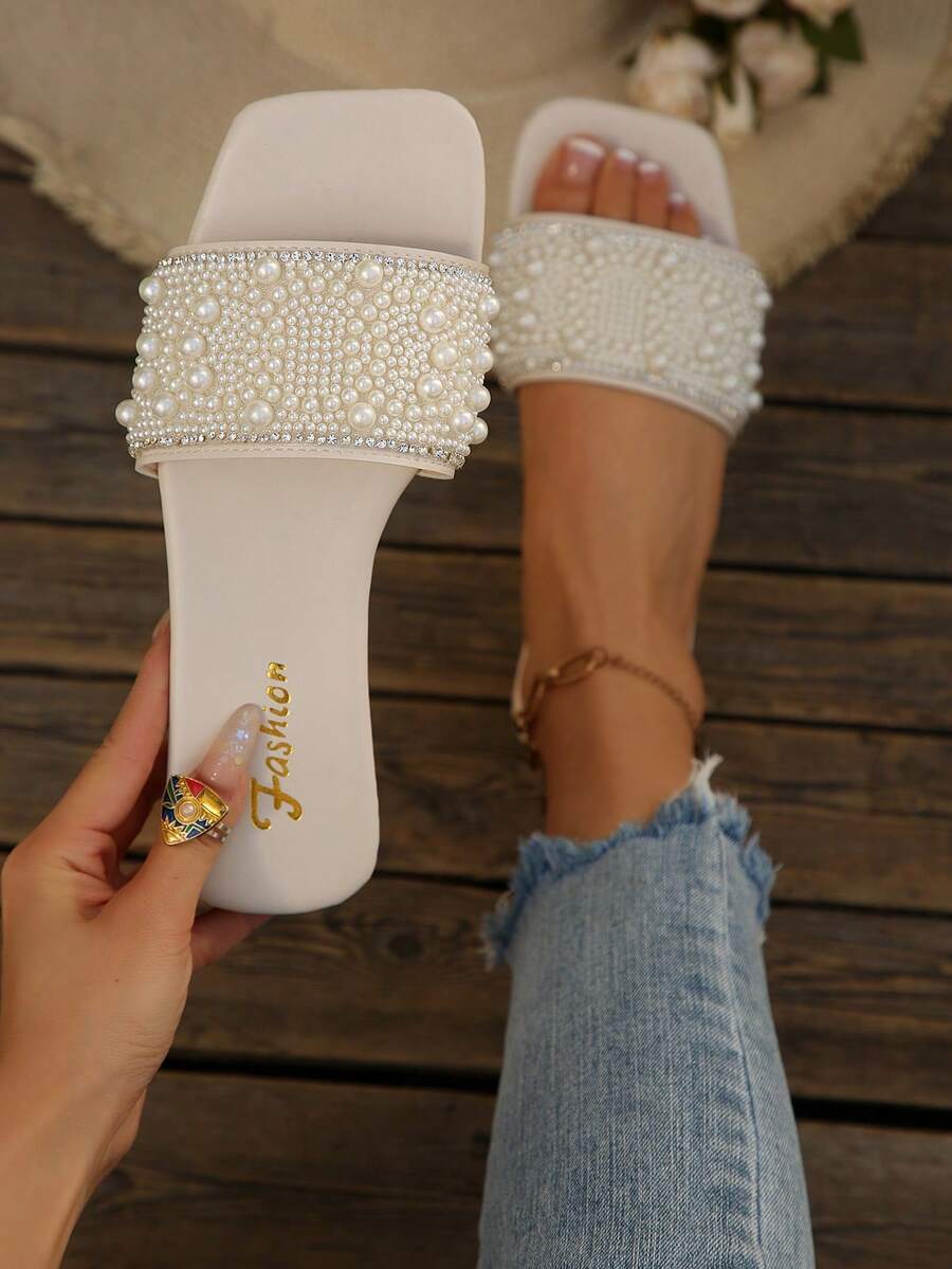 Dép xăng đan đính đá lấp lánh, dép lê hở gót gợi cảm dành cho nữ, nhẹ, chống trơn trượt, đế bằng, dép thời trang đính sequin thích hợp trong nhà và ngoài trời. - Màu be - Xem 1