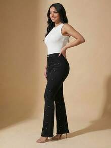 pthirillo Women's Black Flare Jeans With High-Waisted Butt-Lifting Effect And Rhinestone Detail. - 水鑽圓點 - 查看 6