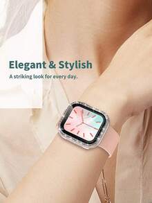 2件套时尚闪亮水钻装饰手表壳，男女通用，二合一超薄钢化玻璃屏幕保护膜+表壳，适用于 40/41/42/44/45/46/49毫米表壳，适用于 Series Ultra/SE/11/10/9/8/7/6/5/4，透明+彩色 - 透明+七彩 - 查看 9