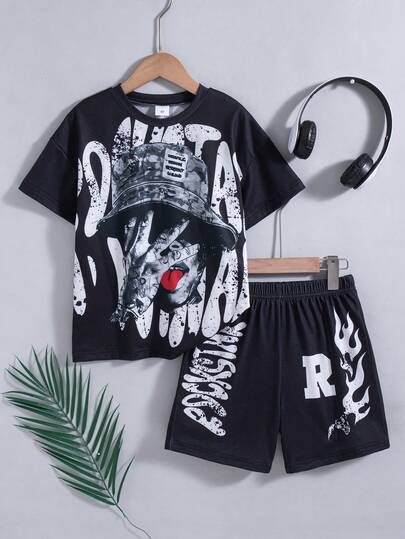 2pcs/Set Boys' Casual Outgoing Fashion Random Print Decor Drop Shoulder Short Sleeve Top And Elastic Waist Shorts, Spring/Summer