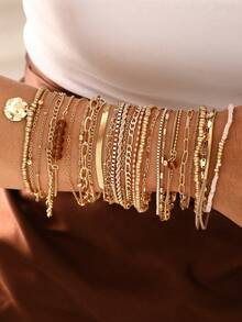 Juego de pulseras apilables de moda, elegantes, exquisitas y vintage, con perlas, gemas falsas, formas geométricas, cordón encerado, cadena de serpiente, cadena trenzada, cadena de caja y eslabones de cadena lisa, en estilo minimalista, adecuado para vacaciones, fiestas, citas, regalos y uso diario - Multicolor - Ver 5