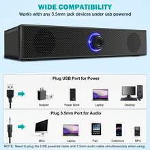 有线立体声桌面音箱，USB供电电脑音箱，适用于电脑、台式机、笔记本电脑、PC、平板电脑、手机、CD播放器，无线音箱，3.5mm接口，电视屏幕音箱，蓝牙音箱 - 黑色 - 查看 6