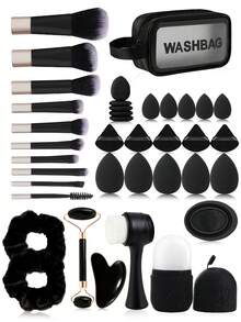 20/31/38件套化妆刷套装，化妆工具组合，面部美容工具，散粉刷，粉底刷，眼影刷，眉刷，化妆海绵，面部冰敷按摩器，发圈，面部刮痧板和滚轮按摩器，适合学生、女士、母亲，节日礼物