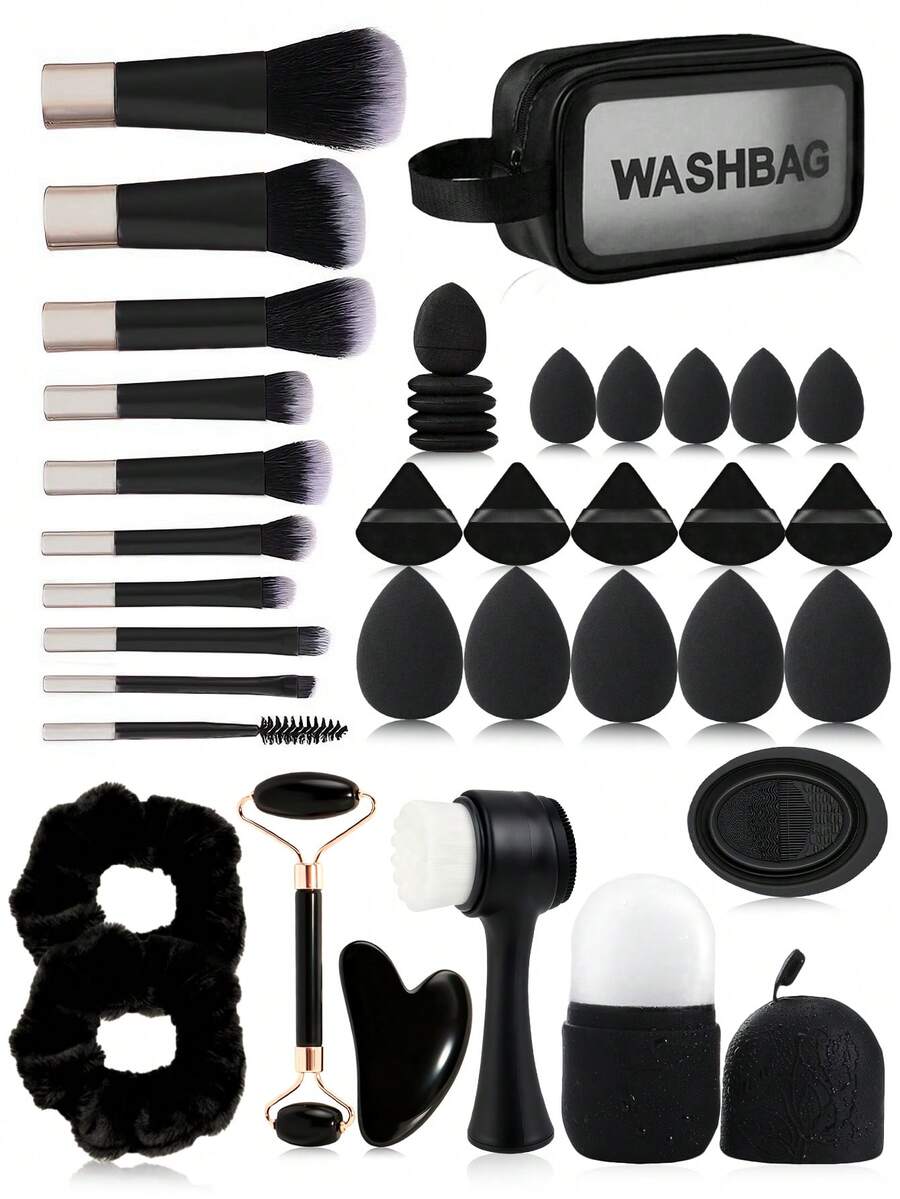 20/31/38件套化妆刷套装，化妆工具组合，面部美容工具，散粉刷，粉底刷，眼影刷，眉刷，化妆海绵，面部冰敷按摩器，发圈，面部刮痧板和滚轮按摩器，适合学生、女士、母亲，节日礼物