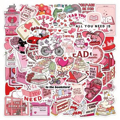 50张粉色情人节书卷气卡通可爱涂鸦贴纸，可用于DIY手册、吉他、杯子、头盔等创意节日装饰