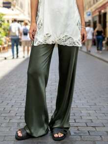 Women's Spring Summer Satin Pants High Waist Solid Color Loose Wide Leg Trousers - Army Green - View 6