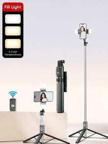 Bluetooth Remote Control Alloy Selfie Stick, 130cm Length, With Phone Holder, Equipped With 3-Color LED Light, Extendable, 360° Rotation, Anti-Shake And Foldable, Portable Tripod Design, Ensures Stable Shooting, Suitable For Live Streaming - one-size - View 3