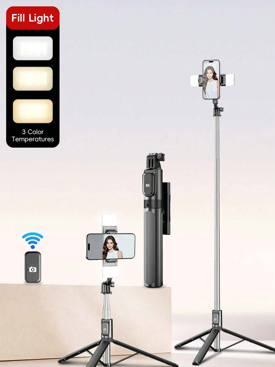 Tongkat Selfie Paduan Logam 130cm dengan Kontrol Jarak Jauh Bluetooth dan Dudukan Ponsel, Dilengkapi dengan Lampu LED 3 Warna, Cocok untuk Pengambilan Video dan Rekaman Kehidupan, Teleskopik, Rotasi 360°, Anti-Guncangan, Tongkat Selfie Tripod Lipat, Kompatibel dengan iPhone/15/14/17/16 13/12/11/Max/Pro/E Xs/Xr/X/Plus dan Model Lainnya. Hadiah Terbaik untuk Teman.