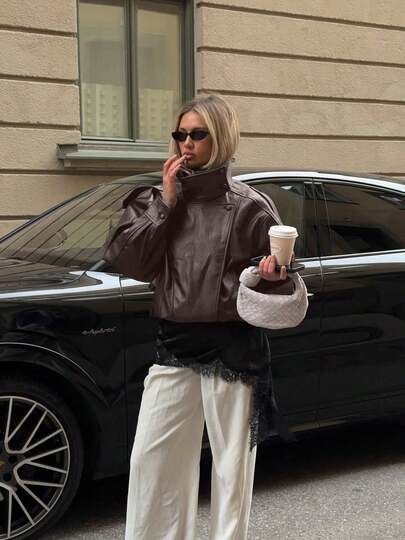 New Vintage Bomber Leather Jacket, Solid Color Casual Zipper Pocket Jacket, Regular Fit